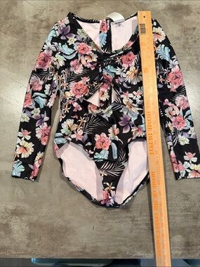 art class Black Floral Long Sleeve One-Piece Swimsuit with Pastel Flowers